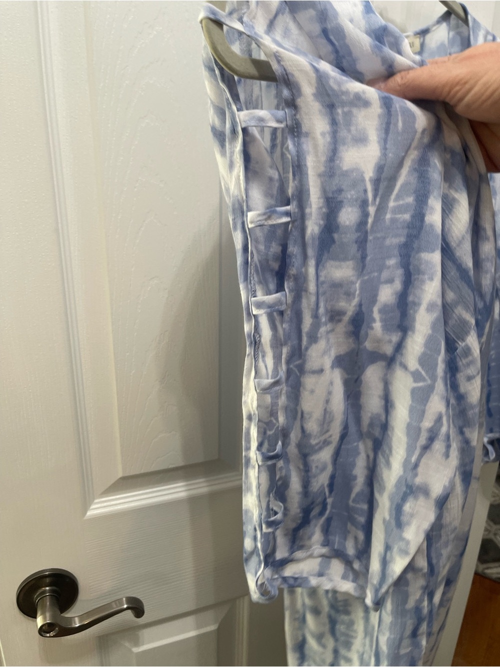Cato Blue and White Tie-Dye Peasant Blouse with Front Tie - Picture 6 of 13